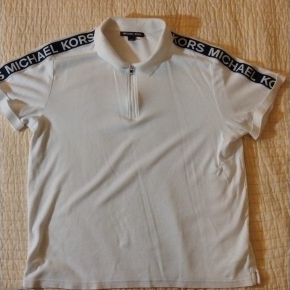 Micheal Kors Half Zip Shirt,Large,White with Black Tag running down shoulders - Picture 2 of 4
